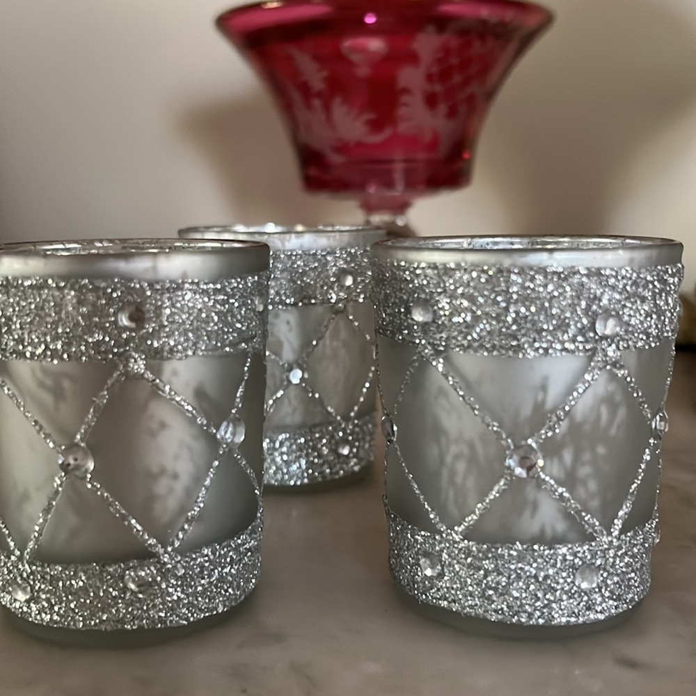3 Mercury Glass & Rhinestone Votive Holders